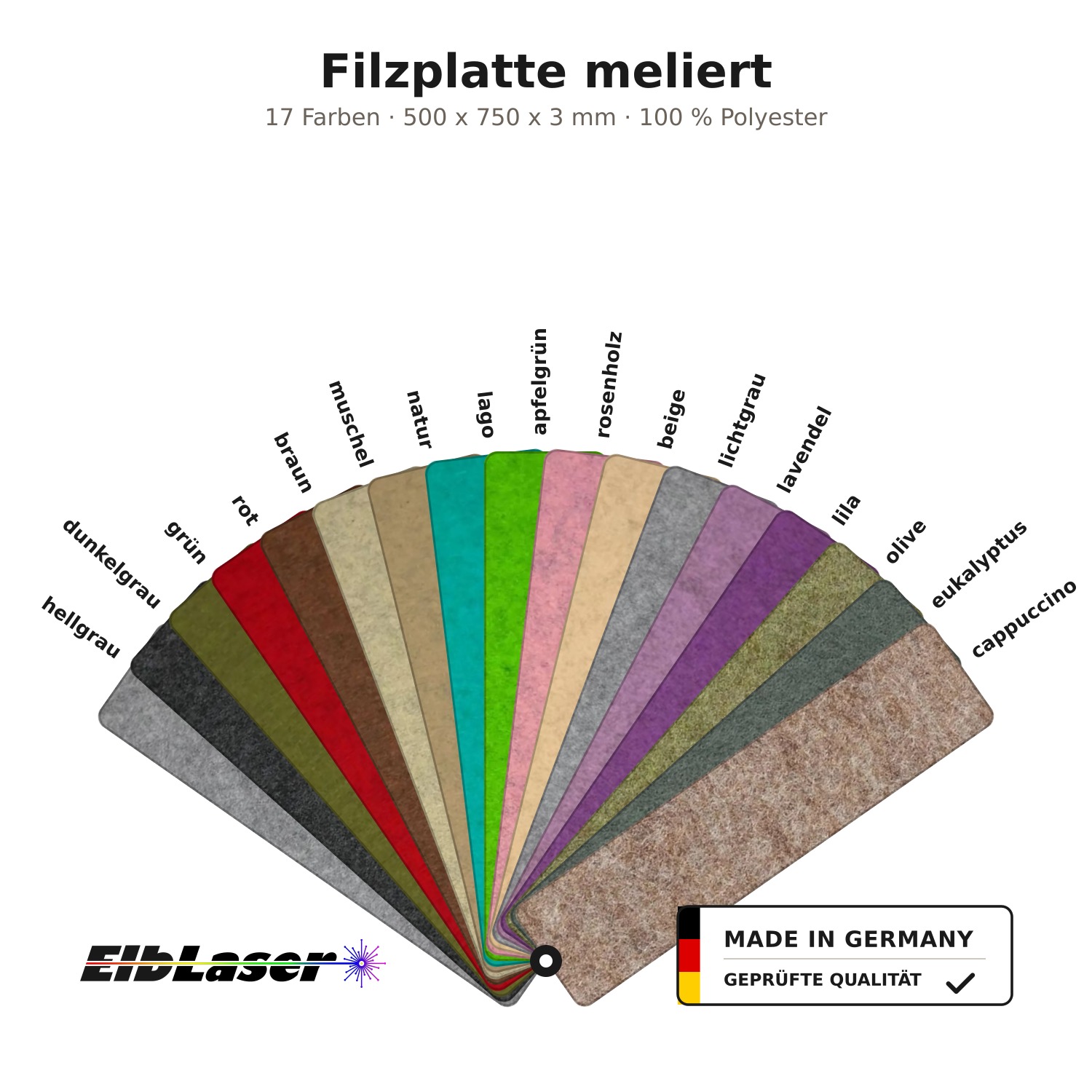 Filzplatte meliert – Farbfächer mit 17 Farben